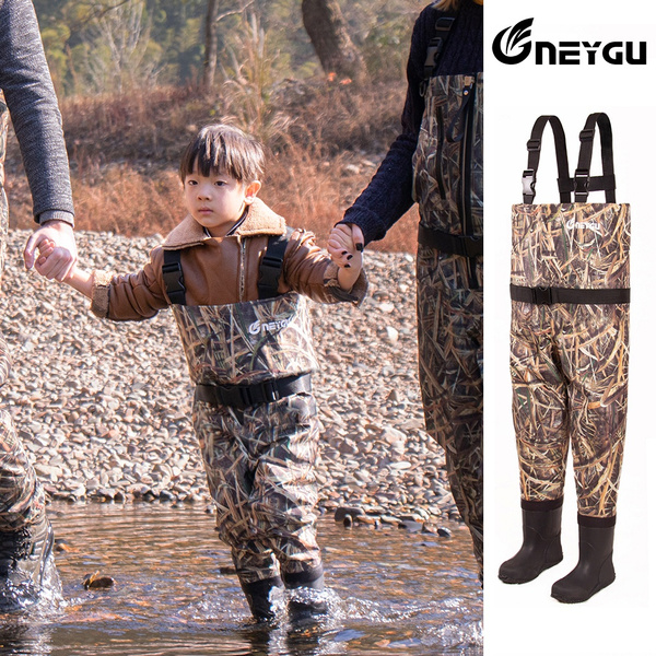 NEYGU waterproof&breathable kid fishing chest waders ,children fishing wader  ,toddler wader attached rubber boots for water playing ,rafting and outdoor  sports