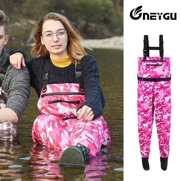 NEYGU ooutdoor women's fishing wader，waterproof &breathable pink camo wader，chest  wader for female attached with stocking foot for fishing ,gardening and  working in pond