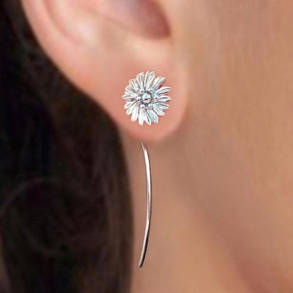 925 Solid Sterling Silver Shasta Daisy Flower Earrings Jewelry Dangle Earrings Cute Small Stud Earrings Long Stem Earrings Threader | Wish