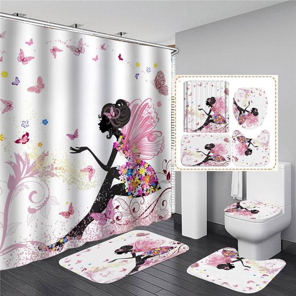 Butterfly Bathroom Rug Set Shower Curtain Bath Mat Non Slip Toilet Seat Cover 