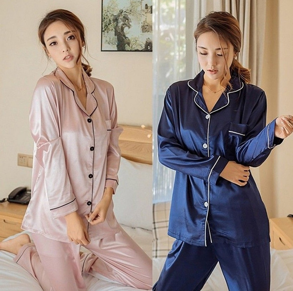Silk satin suit casual clothes home wear solid color comfortable soft high  quality pajamas women