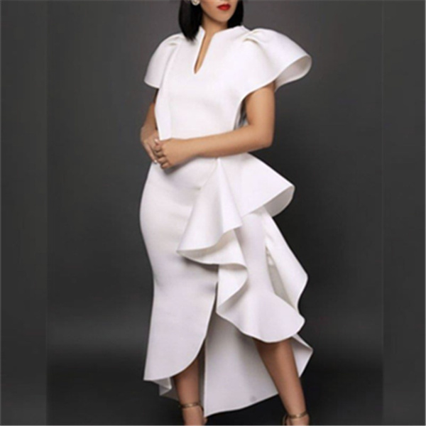 Women White Asymetrical Dresses Ruffles Slit Patchwork Sexy Stylish ...