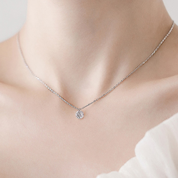 Simple Round CZ Solid 925 Sterling Silver Necklace For Women $5.64 For Sale  [categories]