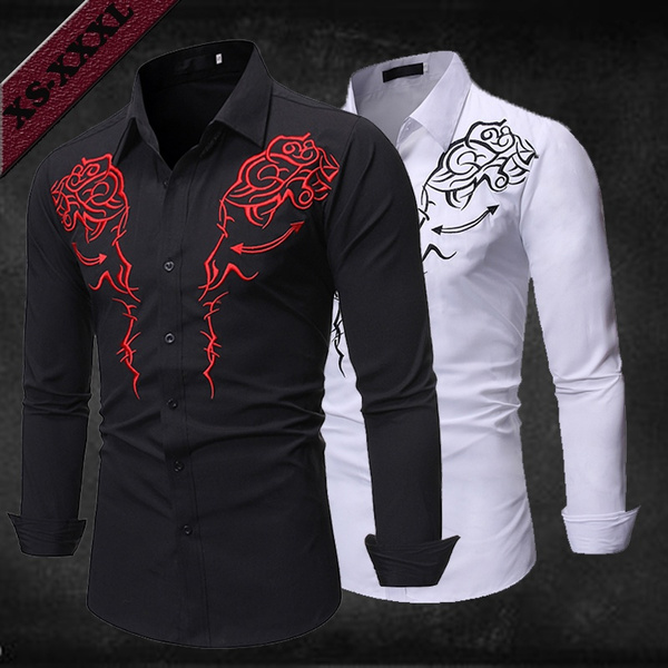 Mens Western Cowboy Embroidered Shirt Slim Fit Casual Long Sleeve ...