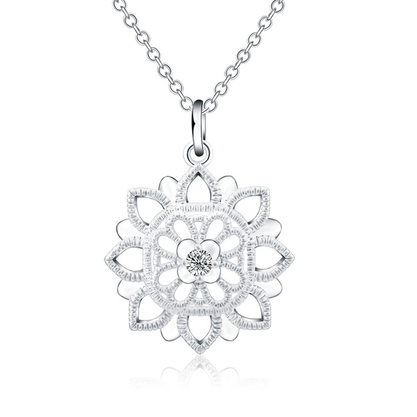 New 925 Sterling Silver Zircon Hollow Flower Pendant Women Necklace 18inch 