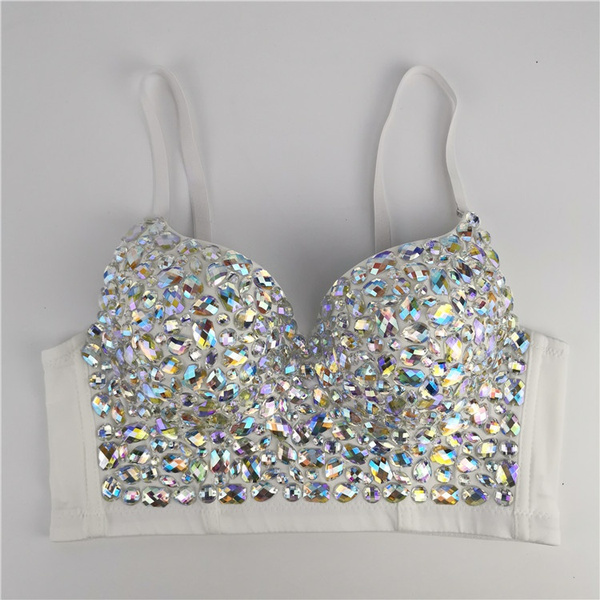 Shiny Tank Top With Rhinestones Women Colorful Cropped Bustier