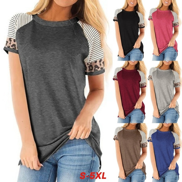 7 Colors Women's Fashion Leopard Printed O Neck T-shirt Short Sleeve ...