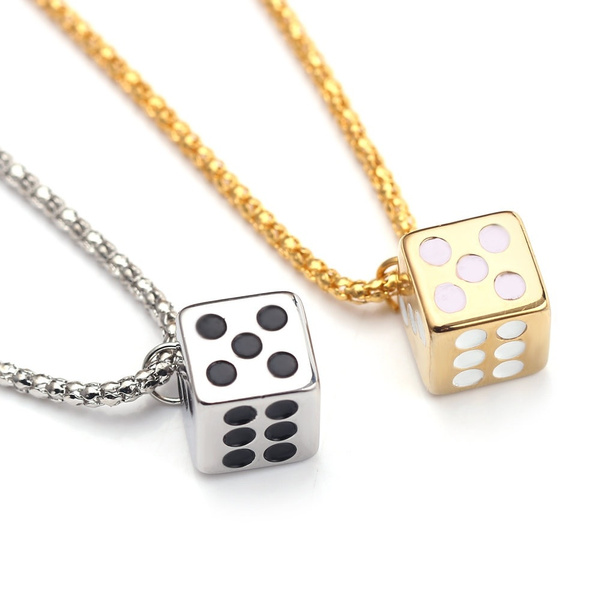 New Steel Titanium Lucky Dice Necklace Play Games Necklace Gold