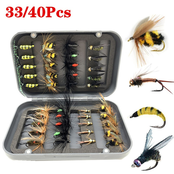 33/40Pcs Fly Fishing Dry and Wet Fly Lures with Fly Waterproof Box
