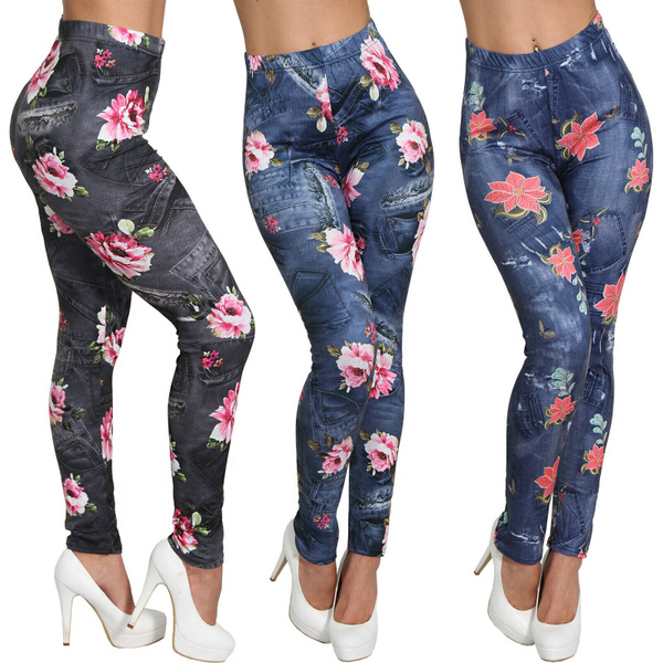 Fashion Denim Jean Legging Floral Print 