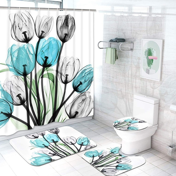 Bunte Tulpe Lotus Blumen Bäume Dusche Vorhang Sets Nicht-Slip Teppiche Wc  Deckel Abdeckung und Bad Matte Wasserdicht Bad vorhänge