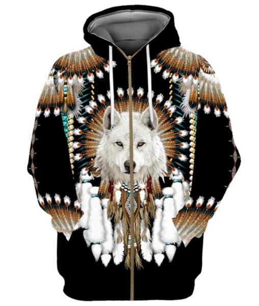 Native American Inspired Wolf Fleece Zip Hoodie All Over Print Unisex Wolf Dreamcatcher Hooded Jacket 3D For Men and Women Size S-5XL