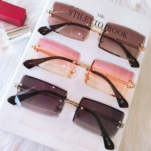 Fashion Rimless Sunglasses Women Small Rectangle Sun Glasses Summer  Traveling UV400 Gold Brown Shades for men