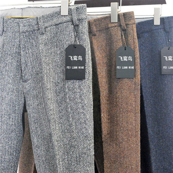 Men Herringbone Tweed Pants Vintage Wool Blend Straight Leg