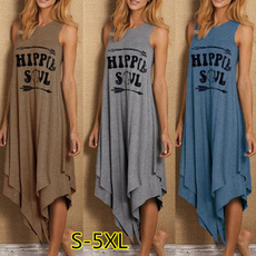 Women Summer Loose Double Layer Round Neck Hippie Letter Printed Big Swing Casual Irregular Hem Holiday Beach Long Dress Plus Size