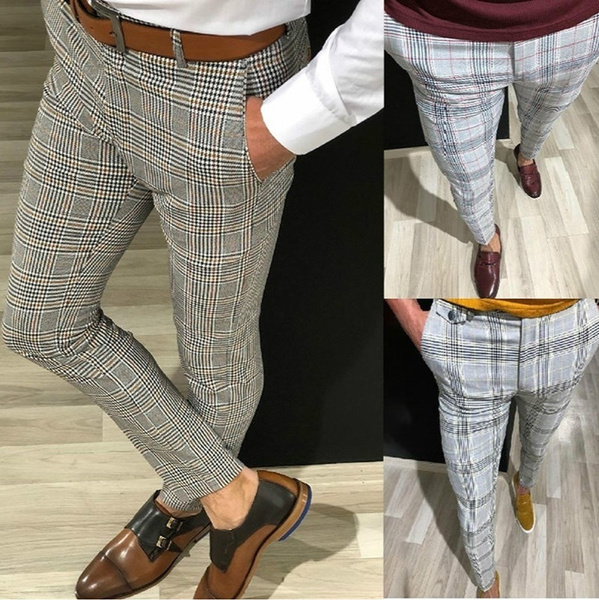 Mens Checked Slim Fit Trousers Casual Skinny Jogging Joggers Bottoms Pants M-3XL 