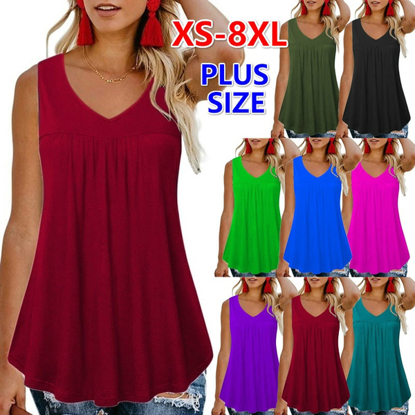 XS-8XL New Summer Plus Size Tops Women's Fashion V-Neck Sleeveless Shirts  Solid Color Cotton T-Shirt Casual Pleated Camisole Vest Ladies Plus Size Loose  Tank Tops