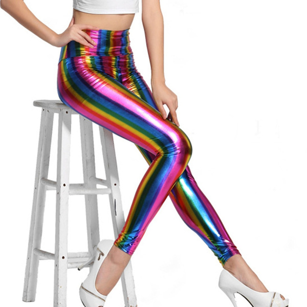 Ladies Women Adult Disco Costume Fancy Retro Leather Pants Rainbow Pants  Leggings