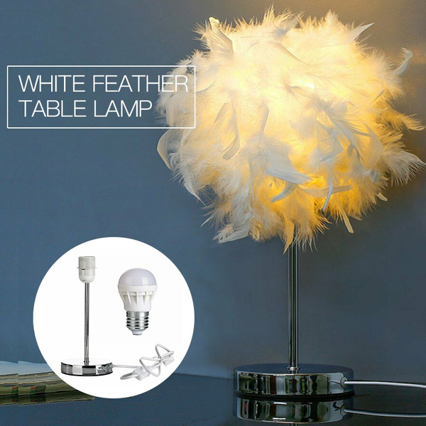 White Feather Shade Table Lamp Lampshade Elegant Bedside Desk Night Light Decor 