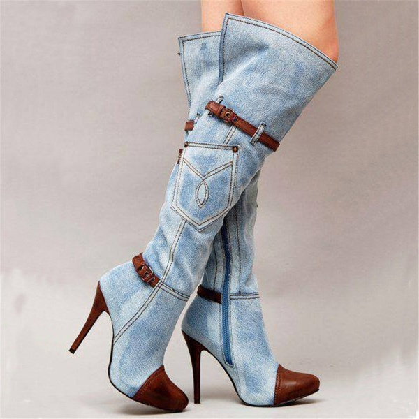 Sexy Buckle Strap Thigh High Women Jeans Boots Autumn Winter Over the ...