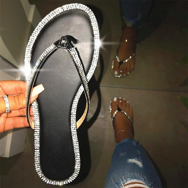 Summer Women's Slippers Rhinestone Sandals Beach Shoes Shining Sandals ...