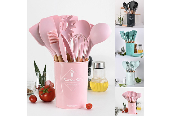 8/9/10/11/12PCS Pink/Black/Green/Mint Green Silicone Kitchenware Cooking  Utensils Set Heat Resistant Kitchen Non-Stick Cooking Utensils Baking Tools  With Storage Box
