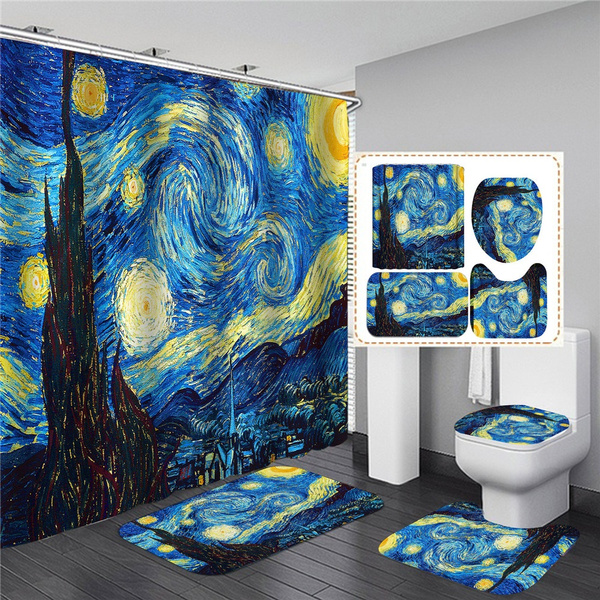 Starry Night Van Gogh 3 Piece Bathroom Rug Set Bath Mat Set Lid Cover Seat Cover 