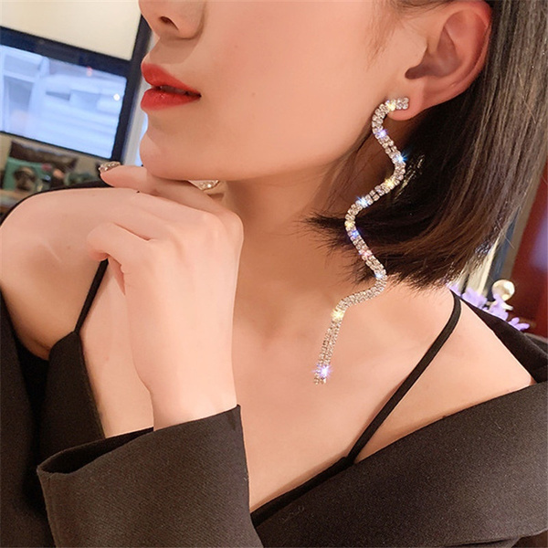 Long Tassel Geometry Metal U-shaped Crystal Drop Earrings For Women  Rhinestone Earrings Wedding Fashion Jewelry