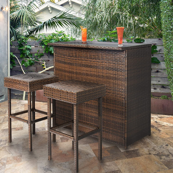 3 Piece All Weather Outdoor Wicker Bar Table Set W 2 Stools Glass Tabletop And Shelf Brown Wish 3 Piece All Weather Outdoor Wicker Bar, Outdoor Wicker Bar Table And Stools
