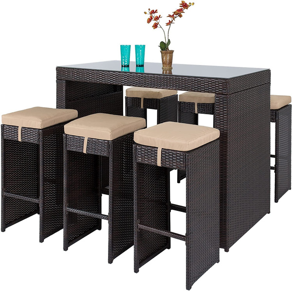 7 Piece Outdoor Rattan Wicker Bar Dining Patio Furniture Set W Glass Table Top And 6 Stools Brown Brown Wish