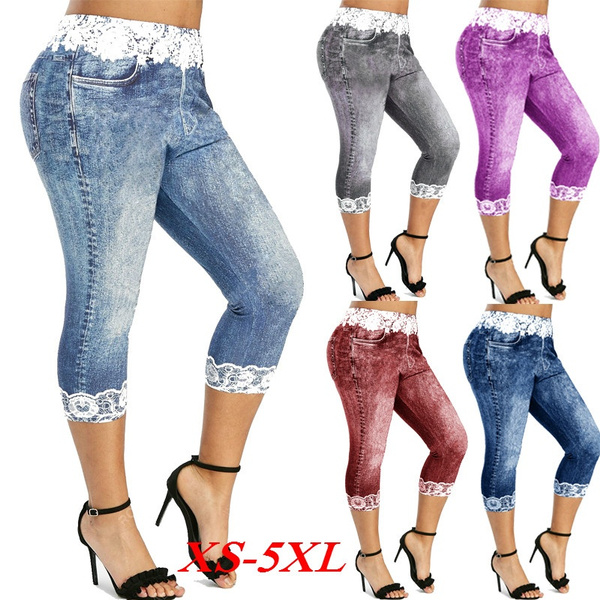 Women Ladies Fashionize Plus Size Lace Denim Capri Leggings Casual Faux Denim  Jean 3/4 Pants