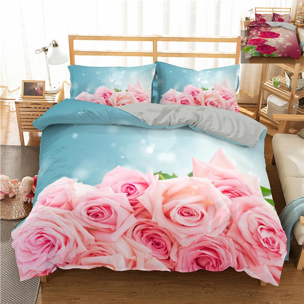 MKXI Rose Pink Floral Duvet Cover Twin Girls Bed Bedding Set White Babysbreath Pattern Spring Botanical Quilt Cover Cotton Cute Home Bedding with Zipper