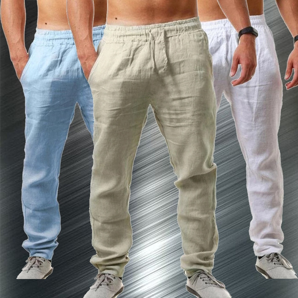 Mens Beach Loose Cotton Linen Pants Yoga Drawstring Elasticated Trousers  Summer  Traderm