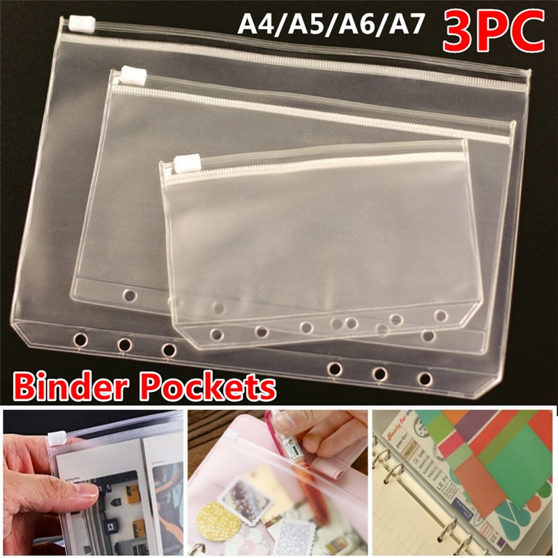 3PCS Binder Pockets Plastic Binder Zipper Folders Waterproof 6 Holes