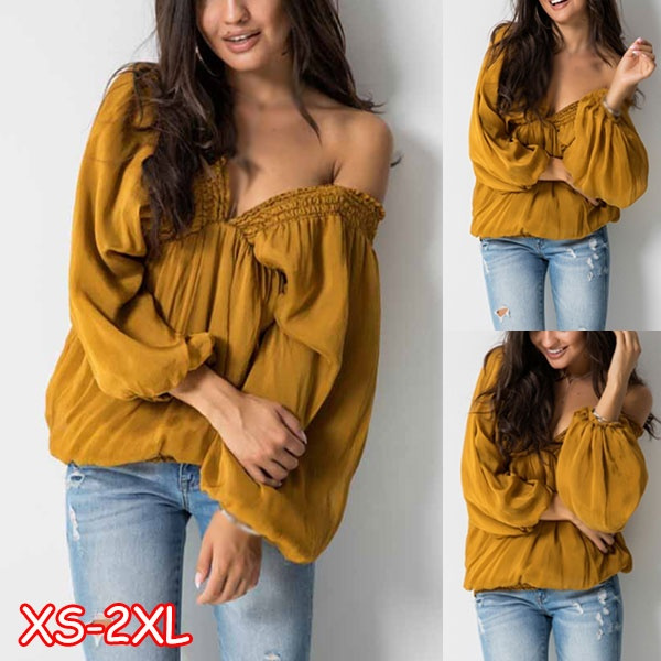 Long Sleeve Tops New Summer Women Fashion Casual Deep V Neck T Shirts  Ladies Loose Solid Color Off Shoulder Blouse