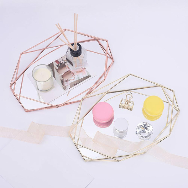Three Dimensional Wrought Iron Storage Tray Nordic Minimalist Rose Gold Mirror Bottom Hexagonal Home Decoration Wish Three Dimensional Wrought Iron Storage, Large Rose Gold Mirror Tray