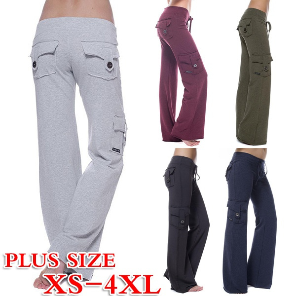 Women Plus Size Stretch Waist Button Pocket Yoga Pants Cargo Pants Casual  Long Pants