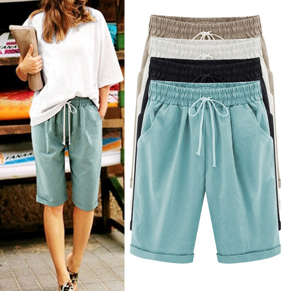 New Summer Capri Pants Women's Casual Linen Cotton Solid Color Pants Knee  Length Trousers Plus Size