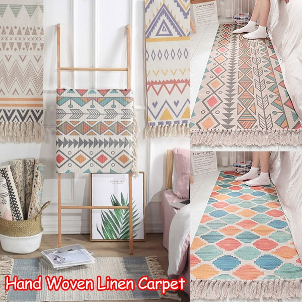 Retro Bohemian Hand Tassel Woven Cotton Linen Carpet Bedside Rug