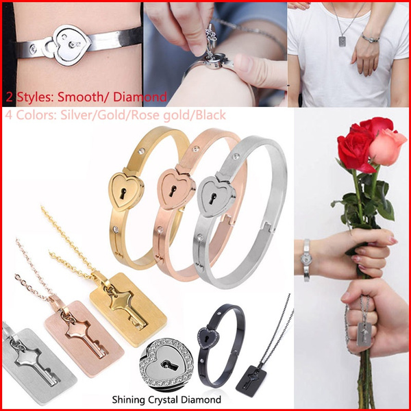 Stainless Steel Couple Jewelry Sets Women Love Heart Lock Bracelets Bangles  Men Key Pendant Love Necklace Valentine's Day Gifts
