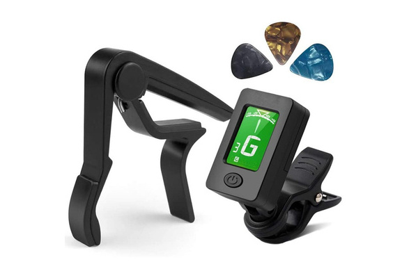 Guitar Tuner Clip-On Tuner Digital Electronic Tuner Acoustic with LCD  Display for Guitar, Bass, Violin, Ukulele (3 PCS Picks Included) (Tuner +  Capo)