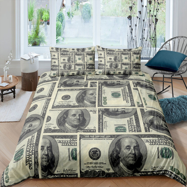 BlessLiving Money Comforter Set Ultra Soft Microfiber One Hundred Dollar Bill Print Bedding 3 Piece Lightweight Bedding Quilt Set King Size Retro Green Black