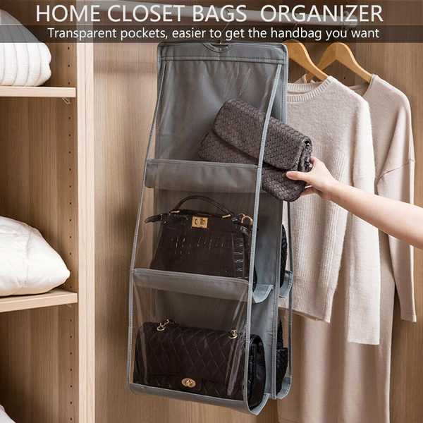 6 Pockets Hanging Organizer Closet Clear Foldable Handbag Storage Purse Bag 