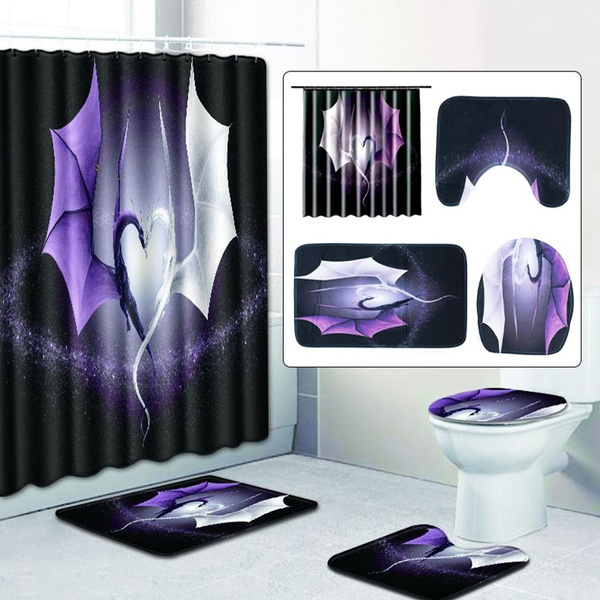 4PCS/Set Dragon Bathroom Shower Curtain Toilet Rug Cover Anti-slip Bath Mat 