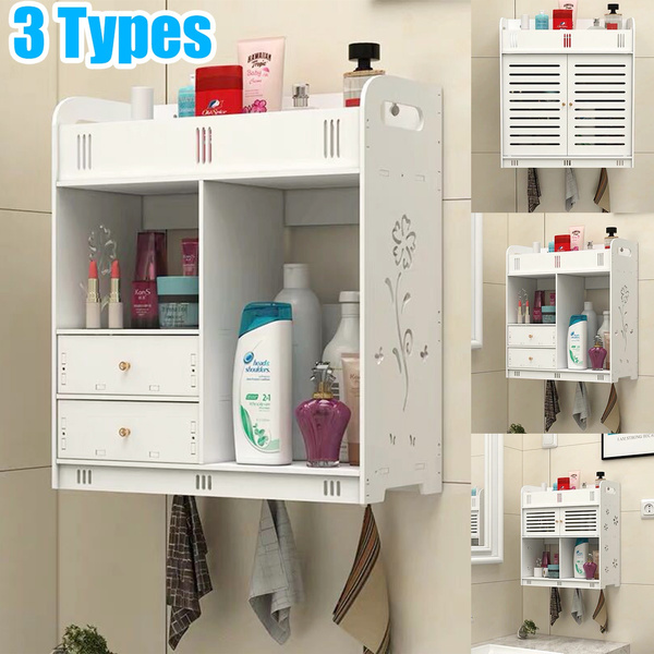 3 Tier Modern Wall Mount Bathroom Cupboard Organizer Storage Cabinet With Side Shelves Towel Shelf Hooks Toilet Wish