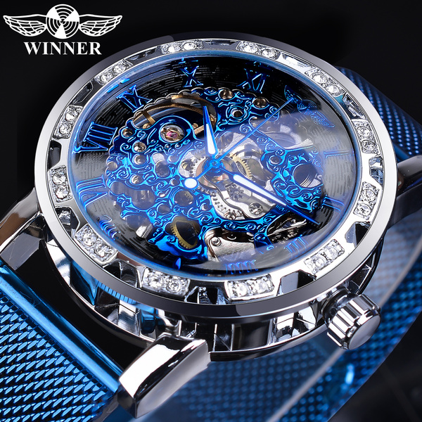Vainqueur De Mode Diamant Affichage Hommes D'horloge D'affaires Bleu Acier  Mécanique Classique Royal Gear Mouvement Mécanique Montre Squelette | Wish