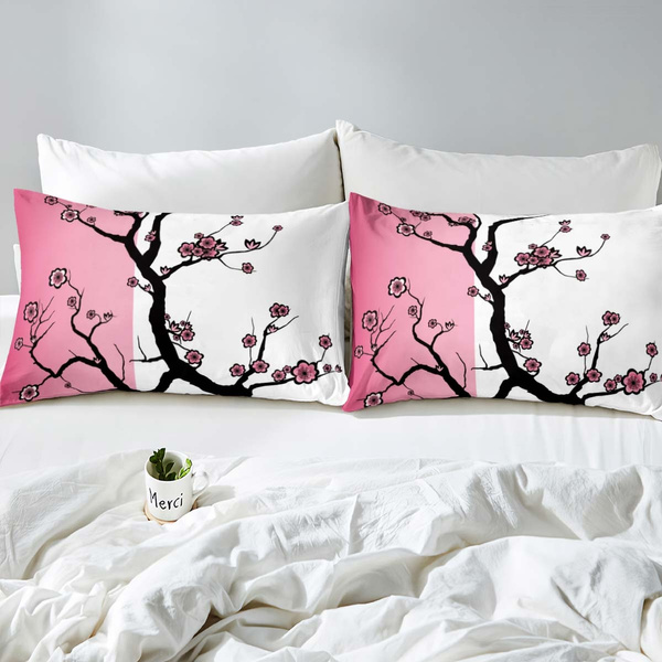 Japanese Duvet Cover Set with Pillow Shams Cherry Blossom Tree Print 