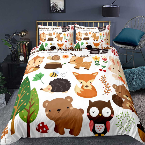 CLOTHKNOW Yellow Bear Duvet Cover Sets Queen Cotton Boys Bedding Set Full Fox Woodland Rabbit Theme Pattern Cartoon Animal Bedding Duvet Cover 3Pcs Bedding Set with Zipper Closure for Child Bed 