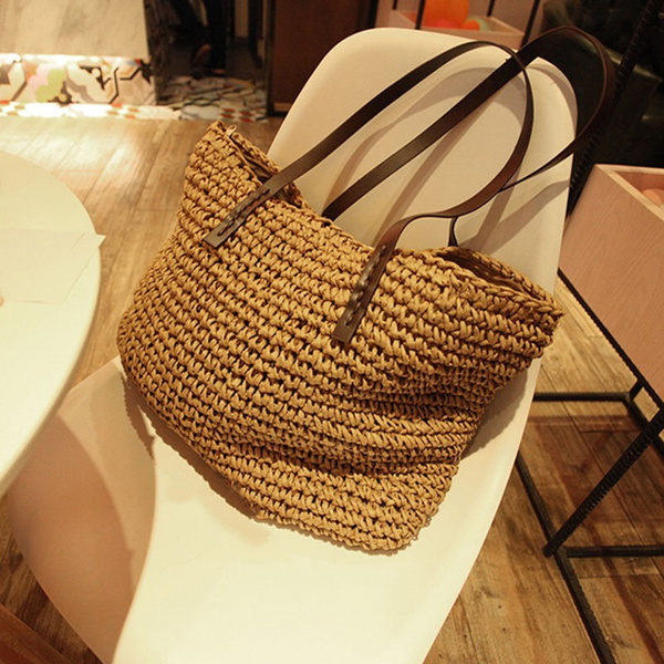 Women Handbag Summer Beach Bag Knitted Straw Large Capacity Totes Shoulder Bag 