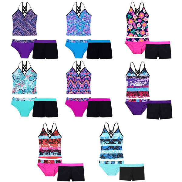 YONGHS 3PCs Girls Swimsuit Sleeveless Rash Guard Triangle Bikinis Tankini Sets with Swim Boyshorts 